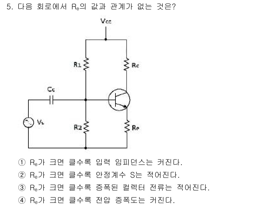 방송통신산업기사 2019년 5번 - 주어진 회로에서 \( R_e \)의 값은 주 회로의 전반적인 임피던스에 ... 에 관한 핵심 기출문제