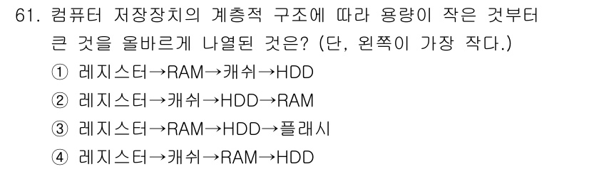 방송통신산업기사(구) 2021년 61번 - 정답 4번입니다. 레지스터는 CPU 내부에서 가장 빠른 저장소로, RAM... 에 관한 핵심 기출문제