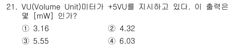 방송통신산업기사(구) 2023년 21번 - VU(Volume Unit)가 +5VU일 때, 이는 해당 신호가 기준 레... 에 관한 핵심 기출문제