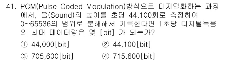 방송통신산업기사 2023년 41번 - PCM(Pulse Code Modulation)에서 소리를 디지털화하면 ... 에 관한 핵심 기출문제