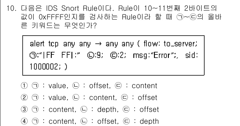 정보보안기사 2022년 10번 - Rule 10-11에서 2바이트 값 0xFFFF를 검사하는 Rule은 특... 에 관한 핵심 기출문제