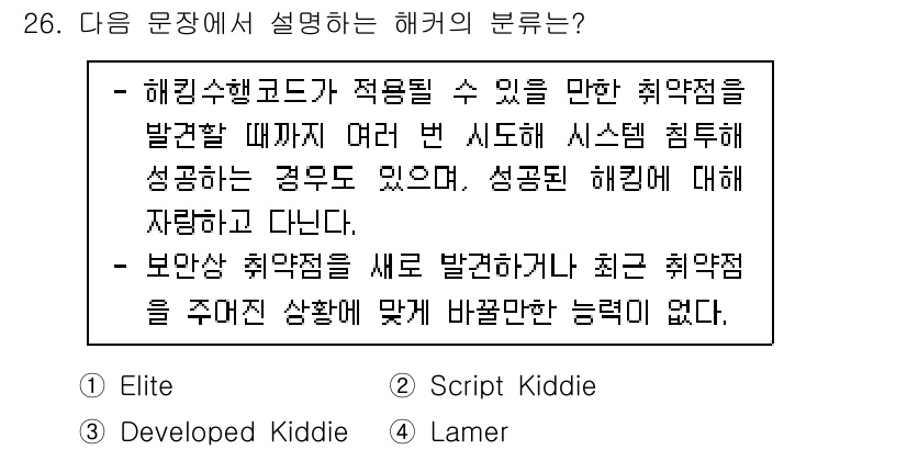 정보보안기사 2022년 26번 - "개발된 해커(Developed Kiddie)"는 다수의 시스템과 네트워... 에 관한 핵심 기출문제