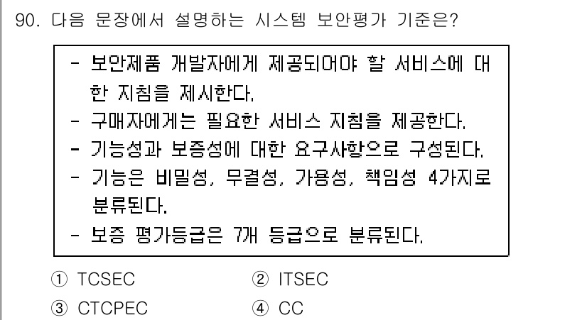 정보보안기사 2022년 90번 - 시스템 보안 평가 기준은 TCSEC, ITSEC, CC 등으로 분류되며,... 에 관한 핵심 기출문제
