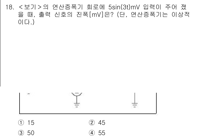 9급_지방직_공무원_서울시_전기이론 2022년 18번 - 주어진 연산증폭기 회로에서 입력 전압이 \(5 \sin(3t) \, \t... 에 관한 핵심 기출문제