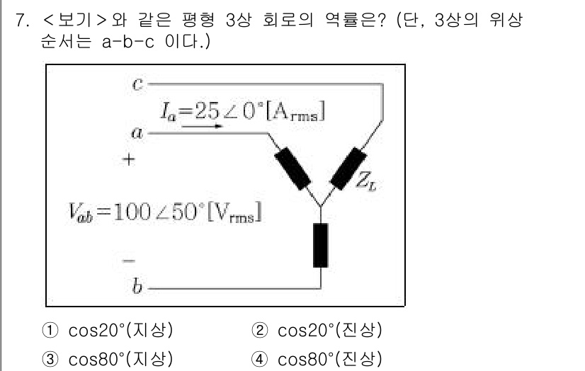 9급_지방직_공무원_서울시_전기이론 2022년 7번 - 이 문제는 3상 회로의 전류와 전압을 기반으로 한 회로 해석 문제입니다.... 에 관한 핵심 기출문제