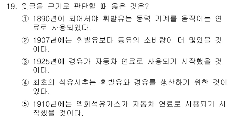 PSAT_상황판단 2023년 19번 - 정답 2번은 1907년의 소비량 증가가 전기 사용의 확산과 관련이 있으며... 에 관한 핵심 기출문제