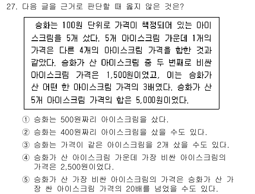 PSAT_상황판단 2023년 29번 - 3번은 상황 판단에서 벗어난 내용이다. 문제는 아이스크림 가격의 변화 및... 에 관한 핵심 기출문제