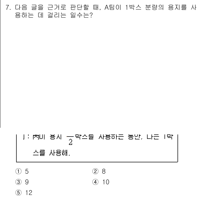 PSAT_상황판단 2023년 7번 - A팀이 1박스 분량의 용지를 사용하기 위해서는 J가 사용하는 묶음의 양이... 에 관한 핵심 기출문제