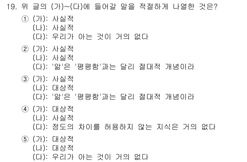 PSAT_언어논리 2023년 19번 - '우리가 아는 것이 거에 없다'라는 문장은 '사실적' 접근으로, 기존의 ... 에 관한 핵심 기출문제