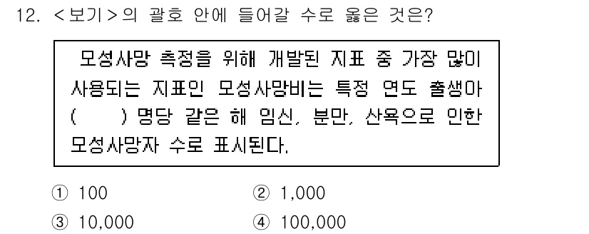 9급_지방직_공무원_서울시_지역사회간호 2022년 12번 - 모성사망률은 모성사망자 수를 1만명 또는 10만명 당으로 표시하여 인구 ... 에 관한 핵심 기출문제