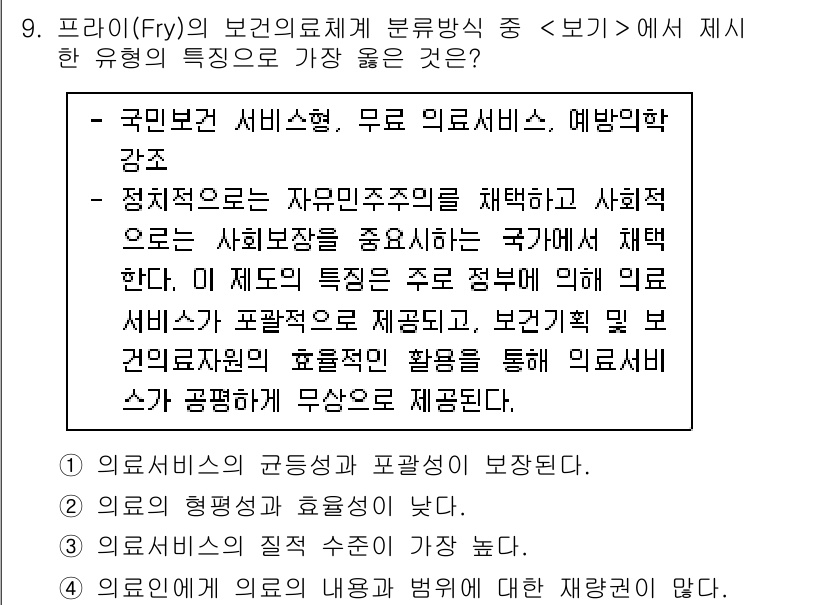 9급_지방직_공무원_서울시_지역사회간호 2022년 9번 - 이유: 프라이(fry)의 보건의료체계는 '서비스형'으로서 국민보건의 강화... 에 관한 핵심 기출문제