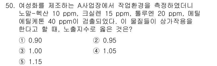산업보건지도사 2023년 51번 - 주어진 물질들의 농도에 따른 극한값을 고려할 때, 가장 높은 농도로 인해... 에 관한 핵심 기출문제