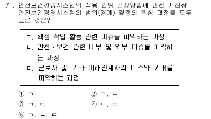 산업보건지도사 2023년 72번 - 정답은 D입니다. 근로자 및 기타 이해관계자의 니즈와 기대를 파악하는 과... 에 관한 핵심 기출문제