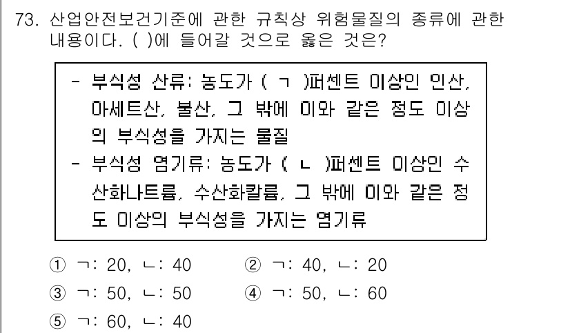 산업보건지도사 2023년 74번 - 정답인 이유: 부식성 산화물은 농도가 (7) 파센트 이상에서 인체에 유해... 에 관한 핵심 기출문제