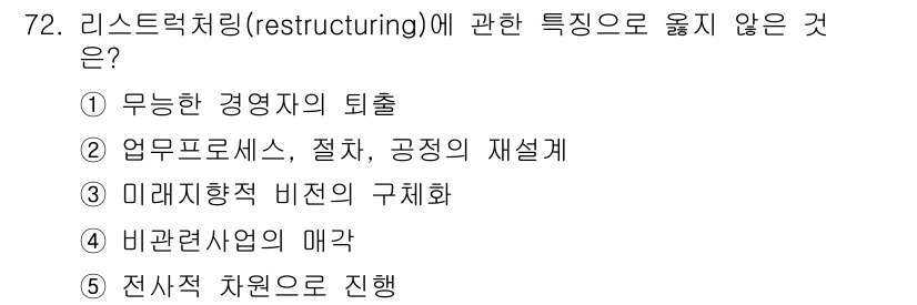 경영지도사_1차_1교시 2023년 72번 - . 

해설: 리스펙처링은 조직의 효율성을 높이기 위해 경영 구조와 프로... 에 관한 핵심 기출문제