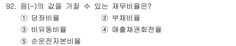 경영지도사_1차_1교시 2023년 92번 - 정답은 5번 '순운전자본비율'입니다. 순운전자본비율은 유동자산과 유동부채... 에 관한 핵심 기출문제