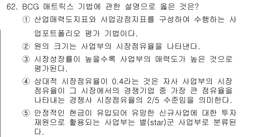 경영지도사_1차_2교시(구) 2023년 62번 - BCG 매트릭스는 사업 포트폴리오를 평가하는데 유용하며, 시장 성장률과 ... 에 관한 핵심 기출문제