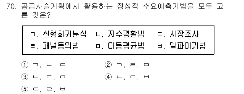 경영지도사_1차_2교시(구) 2023년 70번 - 정답은 5번, 델파이기법입니다. 델파이기법은 전문가들의 의견을 수집하여 ... 에 관한 핵심 기출문제
