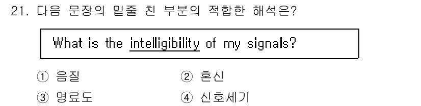 전파전자통신기능사 2023년 21번 - 정답은 3번 "명료도"입니다. "intelligibility"는 신호가 ... 에 관한 핵심 기출문제