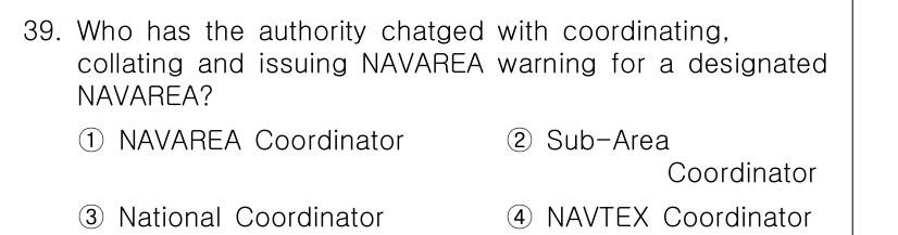 전파전자통신기능사 2023년 39번 - 정답은 1번 NAVAREA Coordinator입니다. NAVAREA C... 에 관한 핵심 기출문제