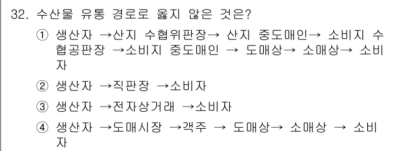 수산물품질관리사_1차 2023년 32번 - . 수산물의 유통 경로에서 '도매상'을 거치지 않고 직접 소비자에게 판매... 에 관한 핵심 기출문제