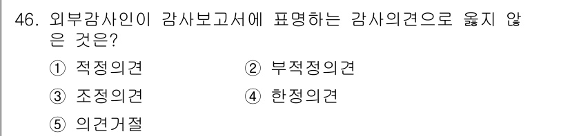 주택관리사보_1차 2023년 46번 - 정답은 3번 "조정의견"입니다. 외부 감사인이 감사보고서에 포함하는 의견... 에 관한 핵심 기출문제