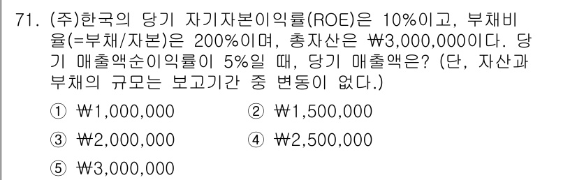 주택관리사보_1차 2023년 71번 - ROE와 부채비율을 이용해 총 가치를 계산할 수 있습니다. 먼저, 자기자... 에 관한 핵심 기출문제