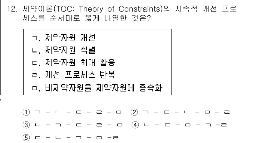 물류관리사_1교시 2023년 12번 - 제약이론은 제약자원 관리와 지속적인 개선을 통해 생산성을 높이는 방법론입... 에 관한 핵심 기출문제