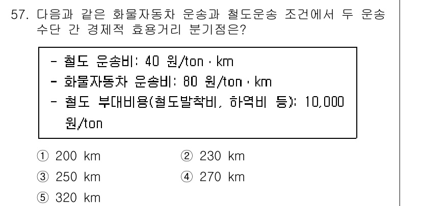 물류관리사_1교시 2023년 57번 - . 

철도 운송비가 40원/ton·km이고, 화물자동차 운송비가 80원... 에 관한 핵심 기출문제