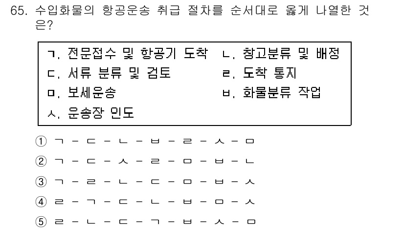 물류관리사_1교시 2023년 65번 - 항공 화물의 운송 절차는 전문적인 수요와 항공기의 적재 특성을 고려하여 ... 에 관한 핵심 기출문제