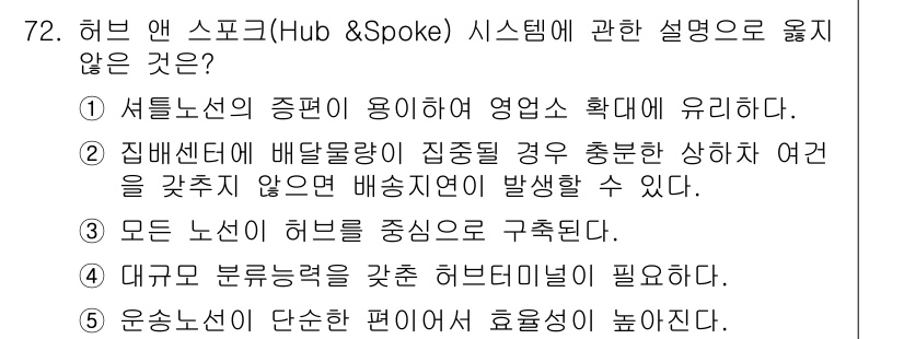 물류관리사_1교시 2023년 72번 - 1. 모든 노선이 허브를 중심으로 구축된다는 설명은 부정확하다. 허브 앤... 에 관한 핵심 기출문제