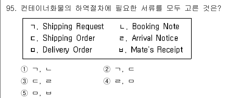 물류관리사_1교시 2023년 95번 - 정답은 4번, "Delivery Order"입니다. 컨테이너 화물의 하역... 에 관한 핵심 기출문제