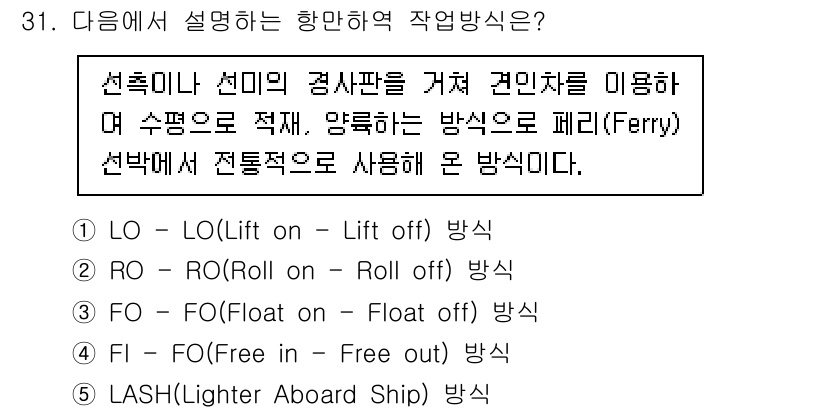 물류관리사_2교시 2023년 31번 - 항만 하역 작업의 설명은 선박과 컨테이너의 하역 및 상역 시 사용하는 방... 에 관한 핵심 기출문제