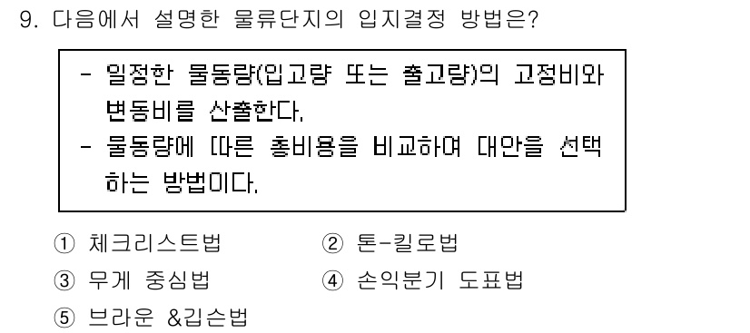 물류관리사_2교시 2023년 9번 - 정답 4번 "손익분기 도표"는 물류 단위의 비용과 수익을 분석하여 손익이... 에 관한 핵심 기출문제