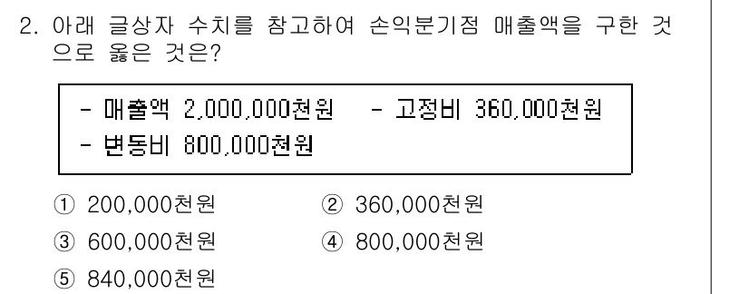 유통관리사_1급 2023년 2번 - 위 문제는 손익분기점 계산과 관련이 있습니다. 매출액에서 고정비용과 변동... 에 관한 핵심 기출문제