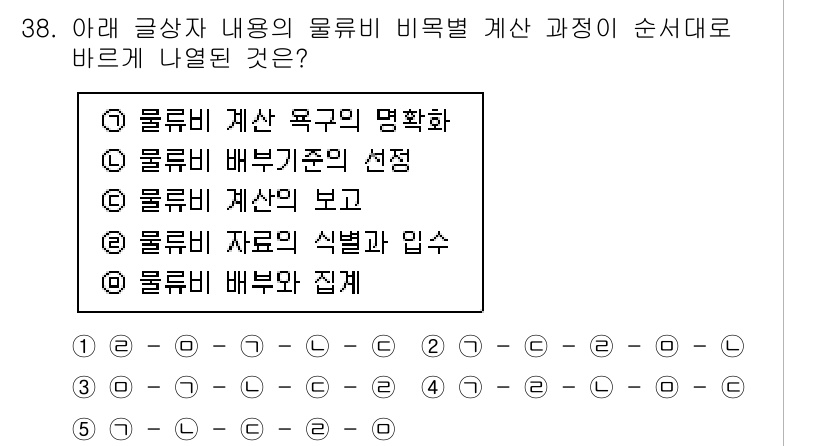 유통관리사_1급 2023년 38번 - 물류 관리와 관련된 계산 과정을 순서대로 나열하면, 물류의 목표 설정, ... 에 관한 핵심 기출문제
