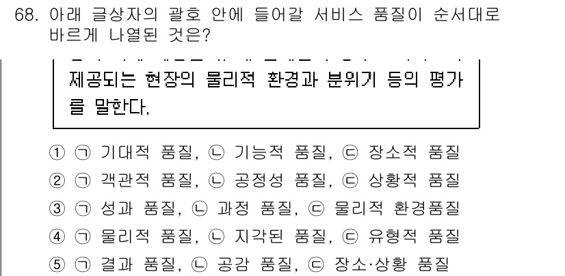 유통관리사_1급 2023년 68번 - 정답은 3번 '장소적 품질'이다. 장소적 품질은 서비스가 제공되는 현재의... 에 관한 핵심 기출문제