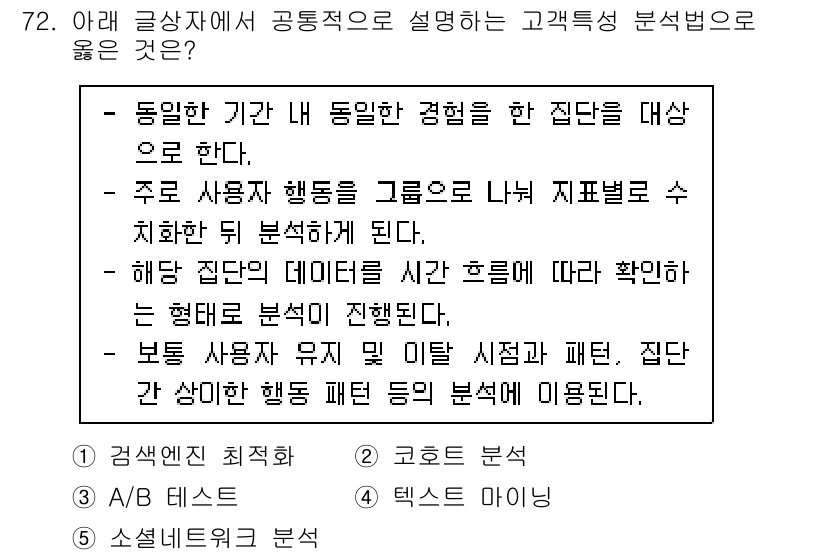 유통관리사_1급 2023년 72번 - 정답 2번은 "주로 사용자 행동을 그룹으로 나누어 재표현하고, 이를 바탕... 에 관한 핵심 기출문제