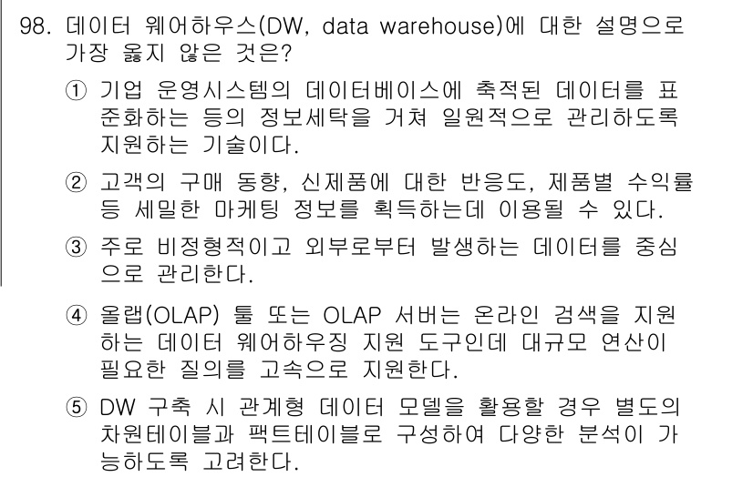 유통관리사_1급 2023년 98번 - 데이터 웨어하우스는 OLAP 기술로 데이터 분석을 지원하며, 통합된 데이... 에 관한 핵심 기출문제