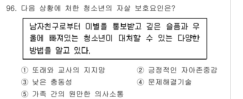 청소년상담사_1급(2교시)(구) 2023년 96번 - . 문제해결기술

청소년이 겪는 다양한 문제를 해결하기 위해서는 체계적인... 에 관한 핵심 기출문제