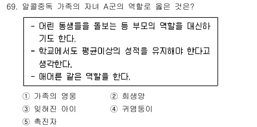 청소년상담사_1급(2교시) 2023년 69번 - . 

가족의 영웅 역할은 자녀에게 긍정적인 모델이 되어주는 것을 의미합... 에 관한 핵심 기출문제