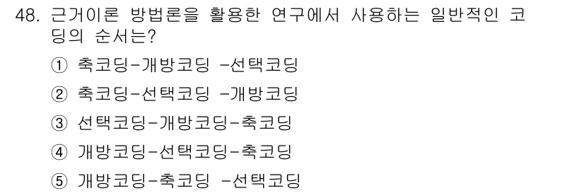 청소년상담사_2급(1교시)(구) 2023년 48번 - 근거 기반 연구에서 사용하는 일반적인 코딩의 순서는 연구의 정확성을 높이... 에 관한 핵심 기출문제