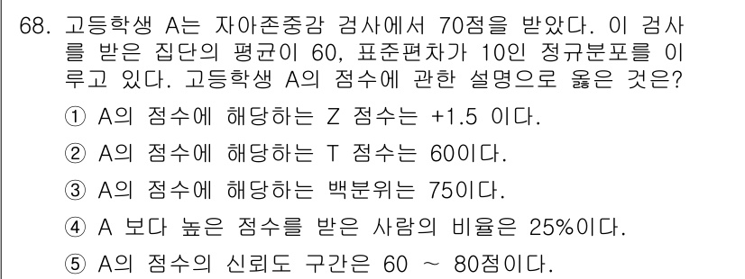 청소년상담사_2급(1교시)(구) 2023년 68번 - Z점수는 표준정규분포에서 특정 점수가 평균보다 몇 표준편차만큼 떨어져 있... 에 관한 핵심 기출문제