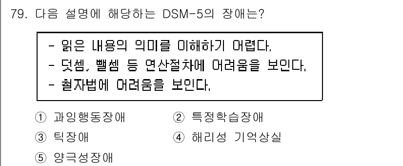 청소년상담사_2급(1교시)(구) 2023년 79번 - . 특정학습장애

특정학습장애는 읽기, 쓰기, 수학 능력에서 특정한 어려... 에 관한 핵심 기출문제