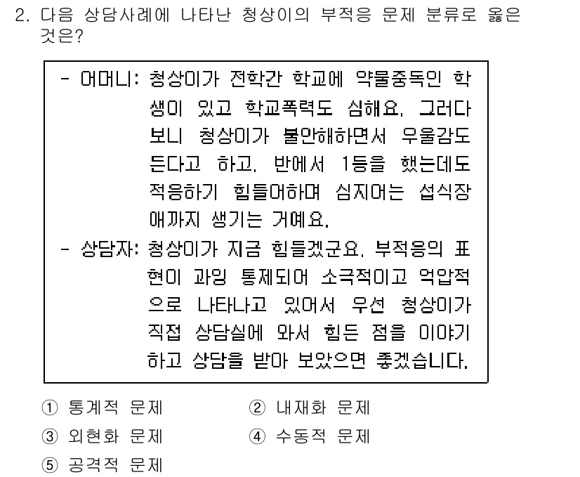 청소년상담사_2급(1교시) 2023년 2번 - . 

청소년이 학교에서 겪는 심리적 불안과 어려움은 주로 대인관계 문제... 에 관한 핵심 기출문제