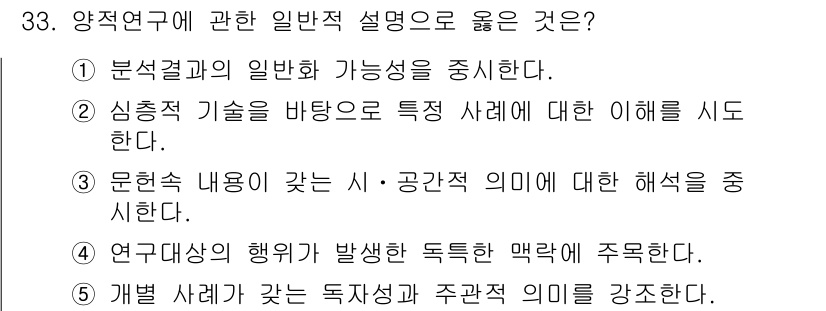 청소년상담사_2급(1교시) 2023년 33번 - . 

정답인 이유: 분석결과의 일반화 가능성을 강조함으로써 연구의 신뢰... 에 관한 핵심 기출문제