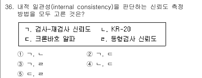청소년상담사_2급(1교시) 2023년 36번 - 내적 일관성(internal consistency)을 판단하는 신뢰도 측... 에 관한 핵심 기출문제