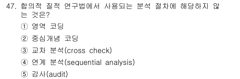 청소년상담사_2급(1교시) 2023년 47번 - 정답은 4번 감사(audit)입니다. 감사는 일반적으로 품질 관리나 회계... 에 관한 핵심 기출문제