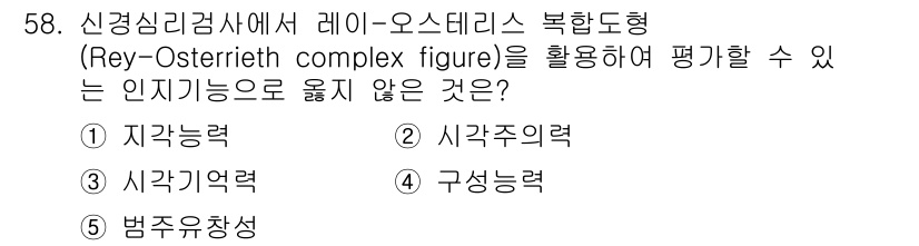 청소년상담사_2급(1교시) 2023년 58번 - 정답은 5번 범주유창성입니다. 레이-오스터리치 복합그림은 시각적 지각 및... 에 관한 핵심 기출문제