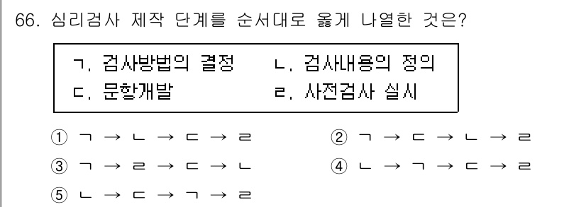 청소년상담사_2급(1교시) 2023년 66번 - 심리검사는 검사 방법의 결정, 검사 내용의 정의를 통해 문항 개발 및 사... 에 관한 핵심 기출문제